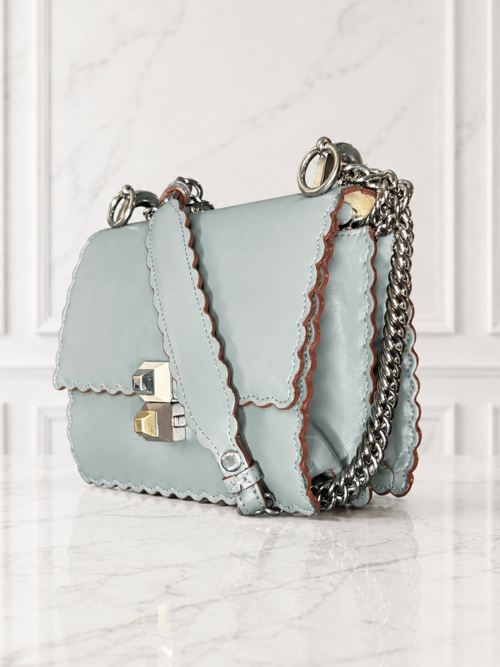 Fendi Kan I Medium Leather Shoulder Bag- Pearl Grey with Scalloped Edges EUC